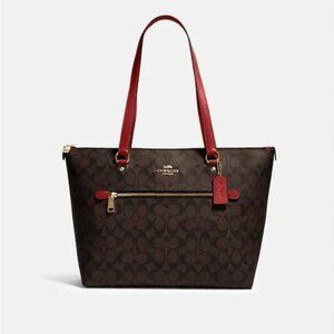 Coach Signature Brown Tote Bag with Red Accents